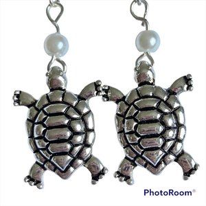 Pearl Turtle Earrings Silver Plated Nautical Island Sea Life Pierced